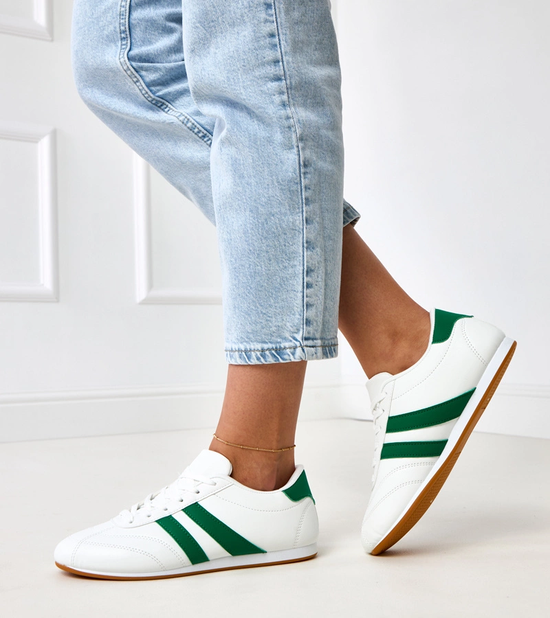 Hers białe sneakersy damskie sportowe z zielonymi paskami