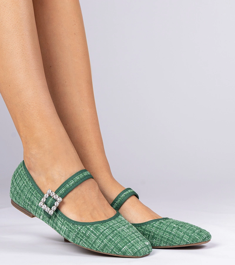 Hers Zielone damskie balerinki z klamrą i krysztalikami