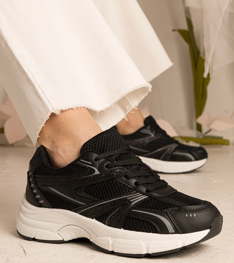 Hers Czarne sneakersy damskie sportowe z brokatem
