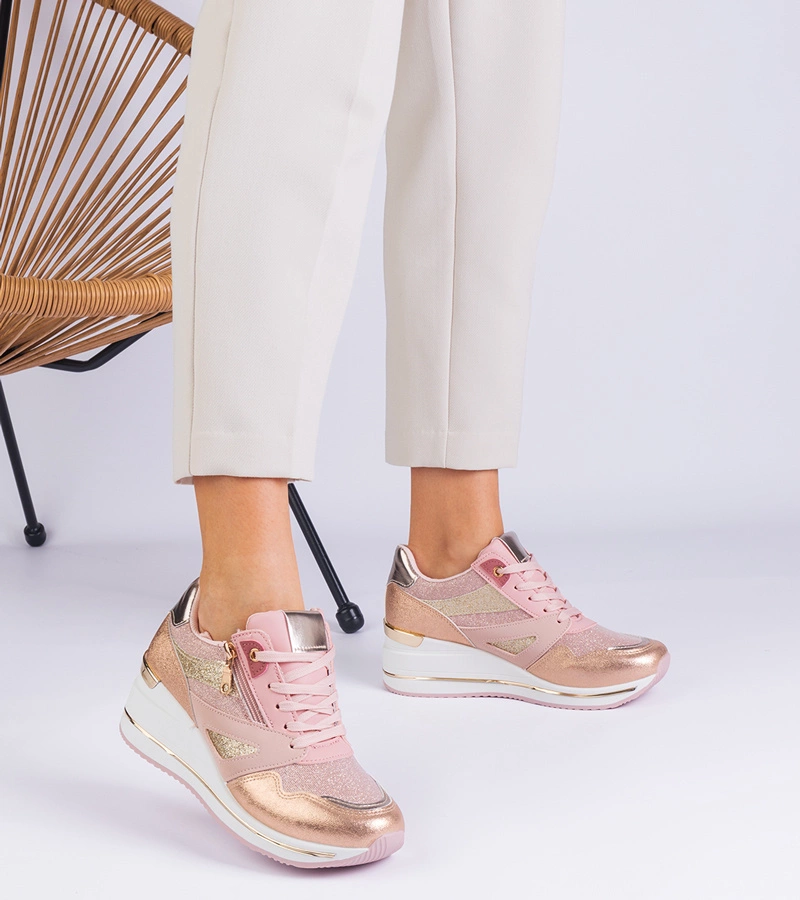 Hers Sneakersy Damskie Różowe na Platformie z Brokatem i Metaliczną Wstawką