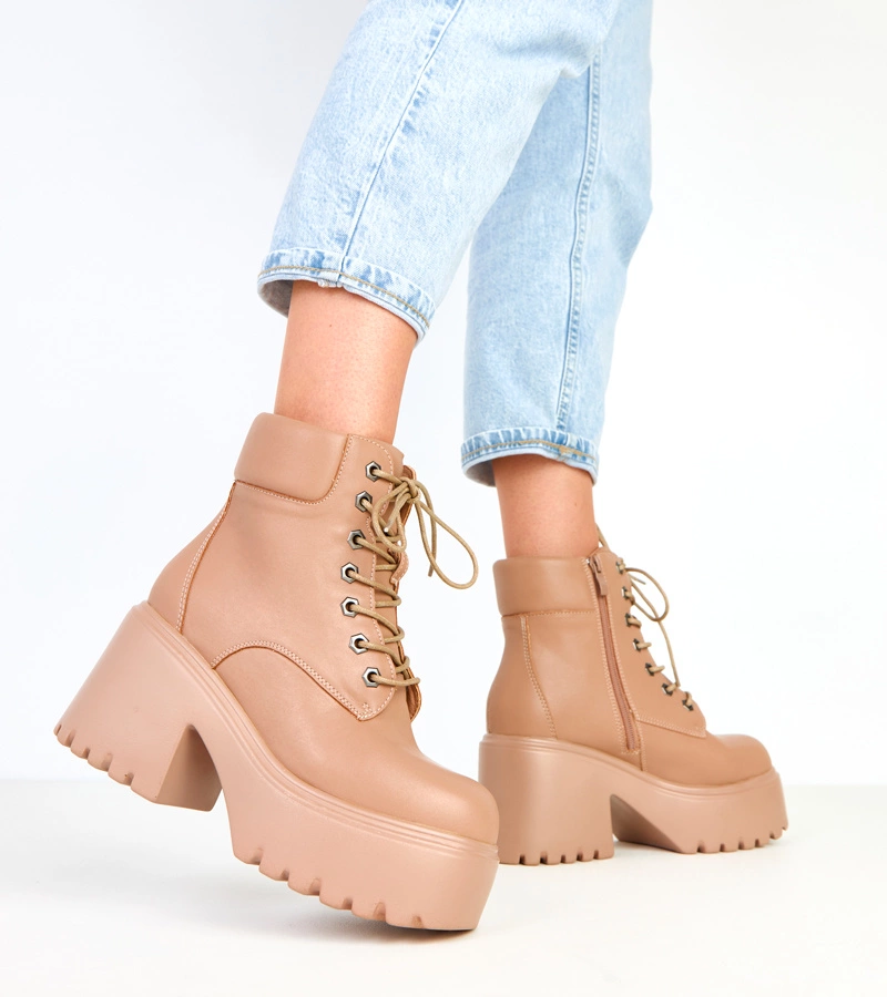 Hers Beżowe damskie botki na masywnym obcasie i platformie
