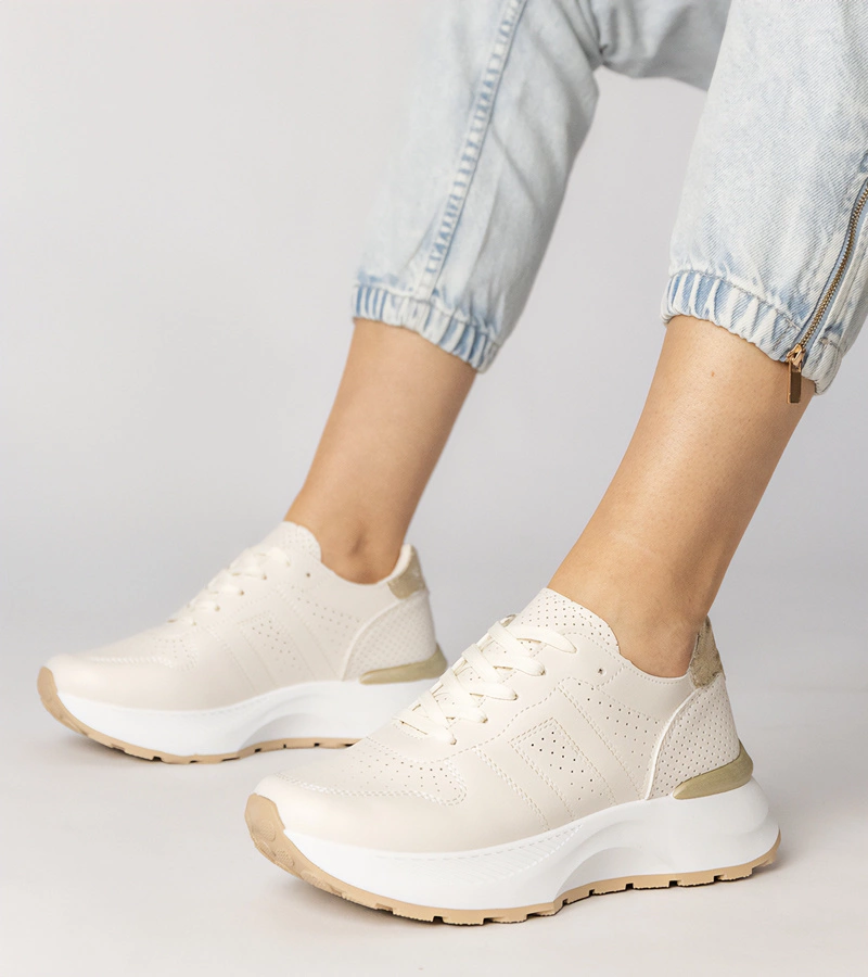 Hers Beżowe sneakersy sportowe ze złotą wstawką
