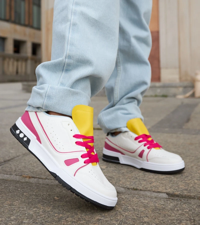 Biało-różowe sneakersy z żółtym językiem