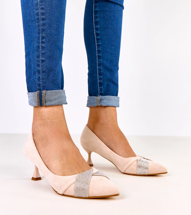 Hers Beżowe czółenka na niskim obcasie z cyrkoniami