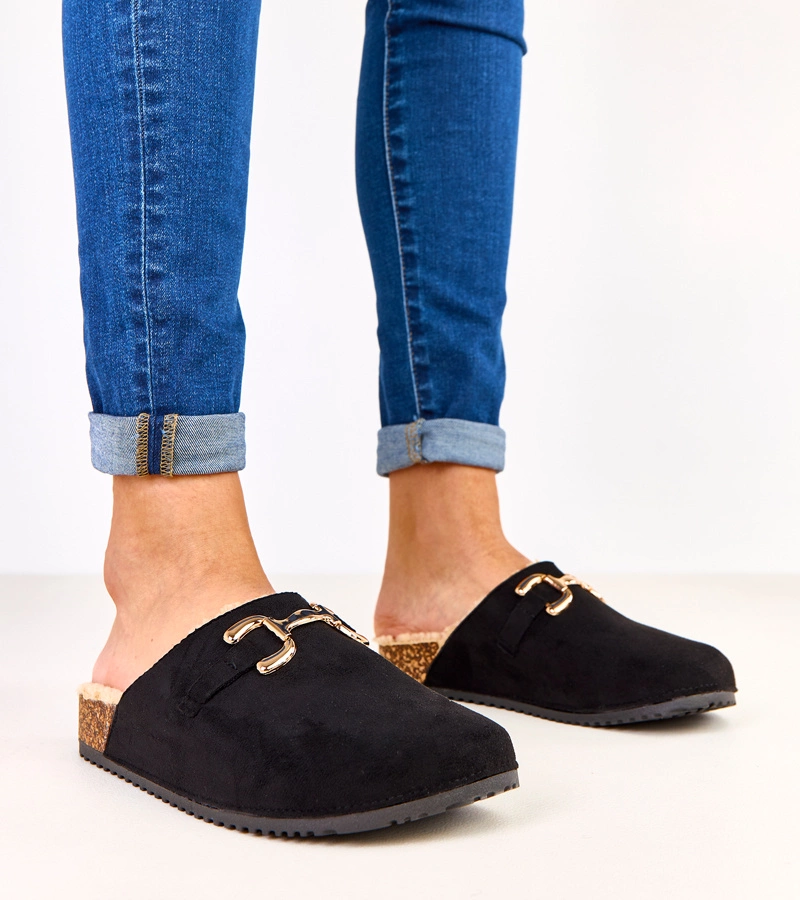 Hers Czarne zabudowane kapcie ze złotą ozdobą