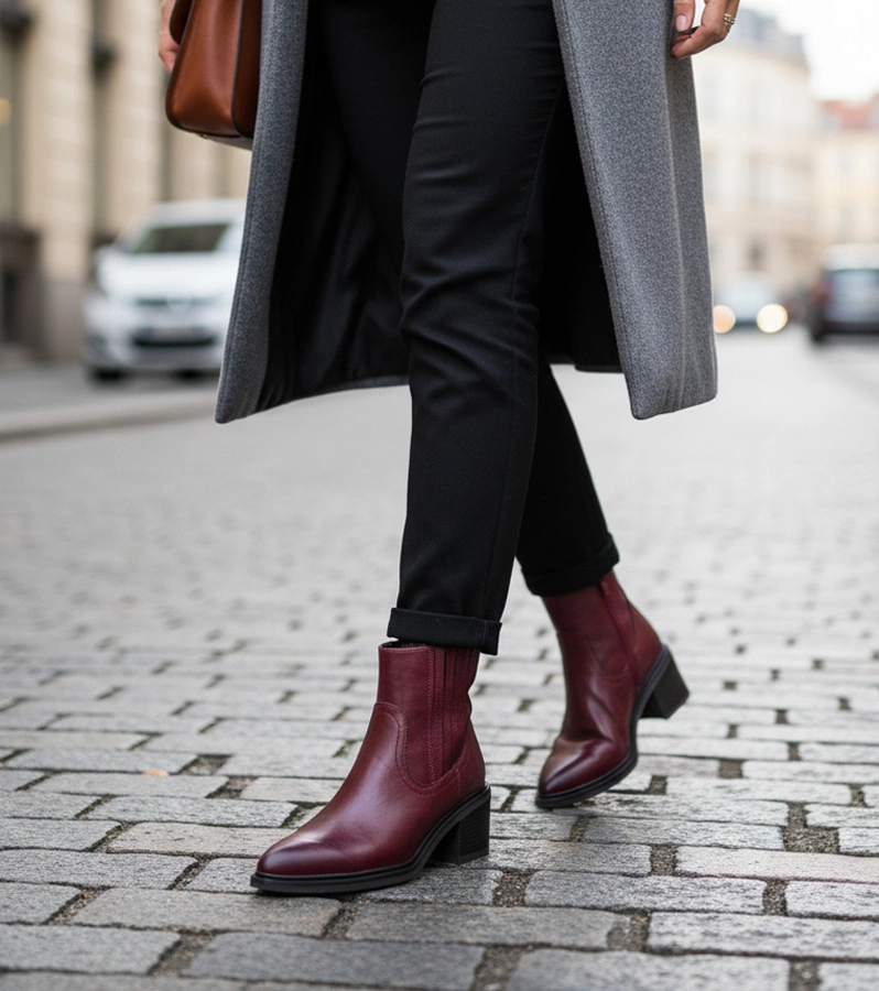 Hers Bordowe botki na słupku z elastyczną wstawką