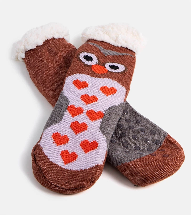 Brązowe ciepłe skarpetki z sową