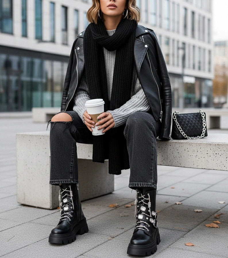 Hers Czarne botki na platformie zdobione cyrkoniami