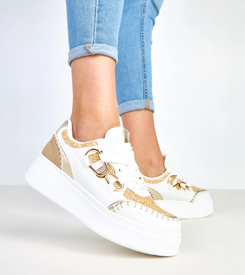Hers Beżowe sneakersy z plecioną wstawką