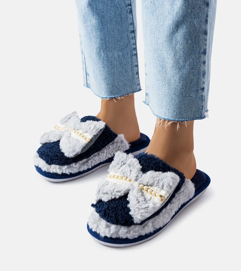 Granatowo-szare kapcie z kokardką