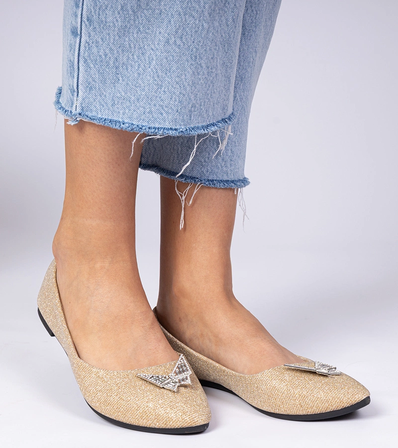 Hers Złote damskie balerinki brokatowe z motylkiem