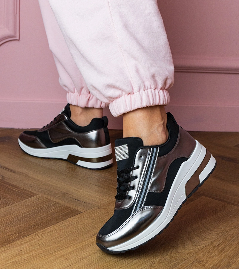 Hers Czarne sneakersy z cyrkoniami i metaliczną wstawką