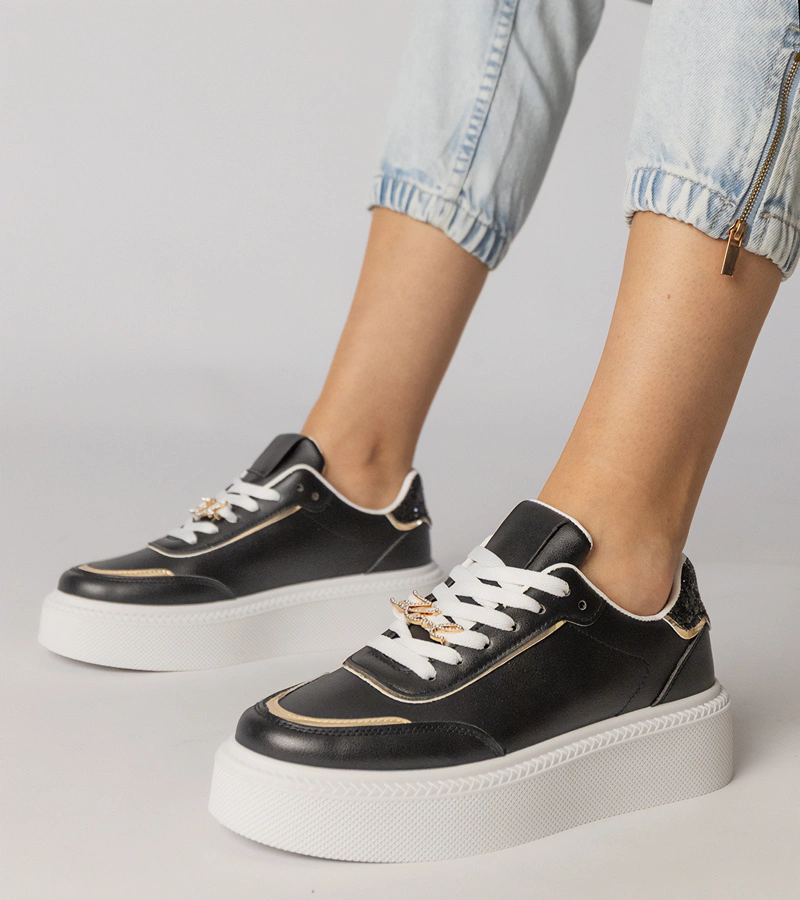Hers Czarne sneakersy zdobione brokatem i cyrkoniami