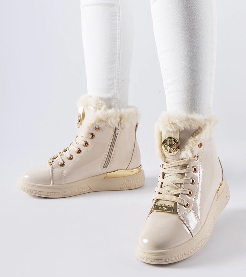 Beżowe sneakersy ocieplane futerkiem