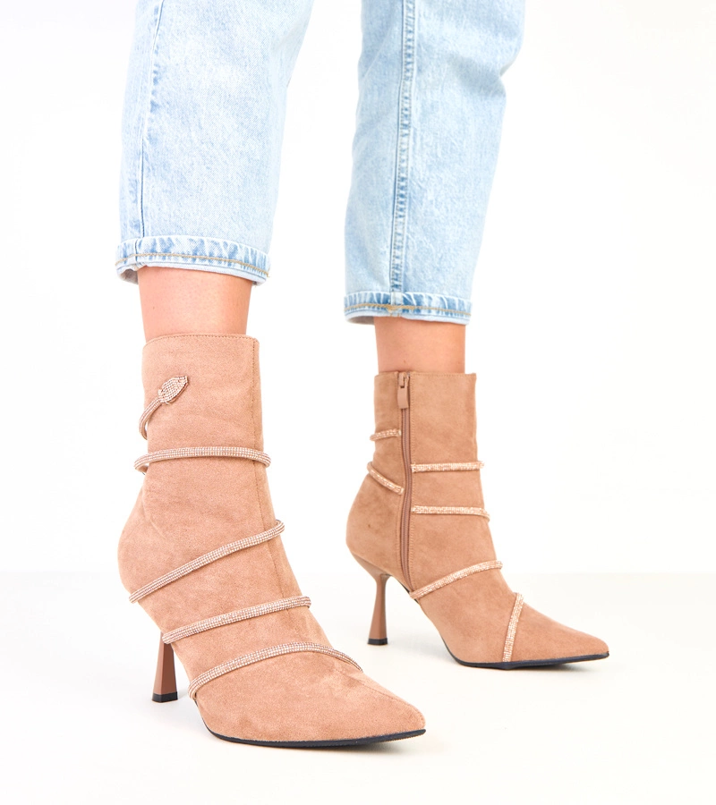 Hers Beżowe damskie botki na szpilce