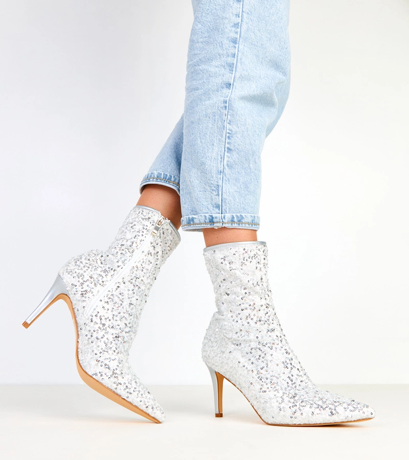 Hers Srebrne botki na szpilce z cekinami