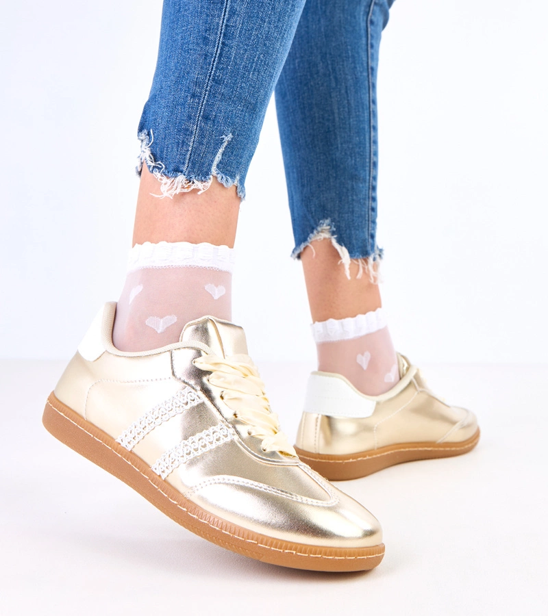 Hers Złote sneakersy damskie z satynowymi sznurówkami