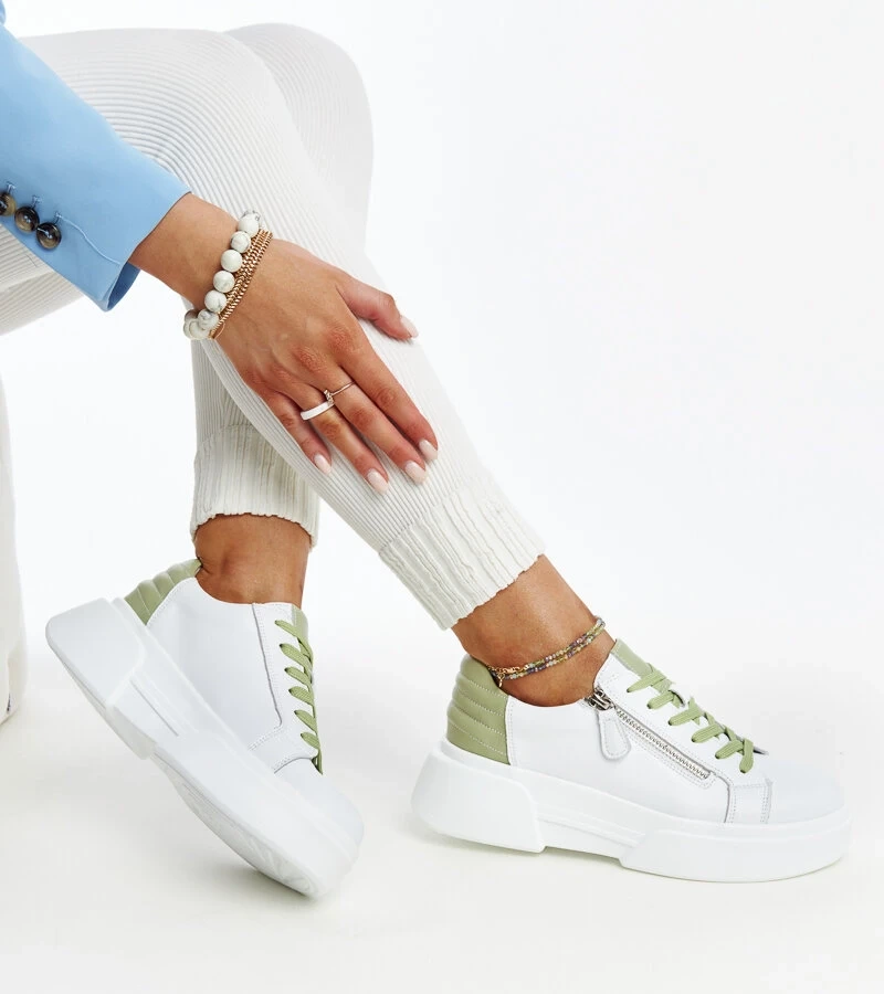 Biało-zielone skórzane sneakersy