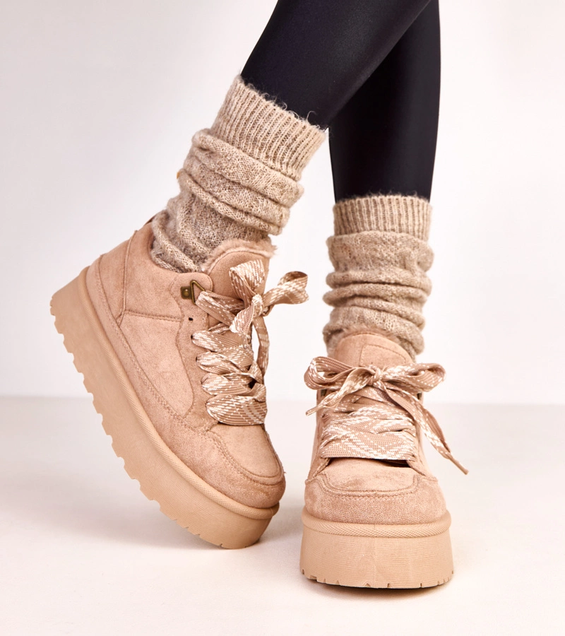 Hers Brązowe sneakersy ocieplane z grubymi sznurówkami