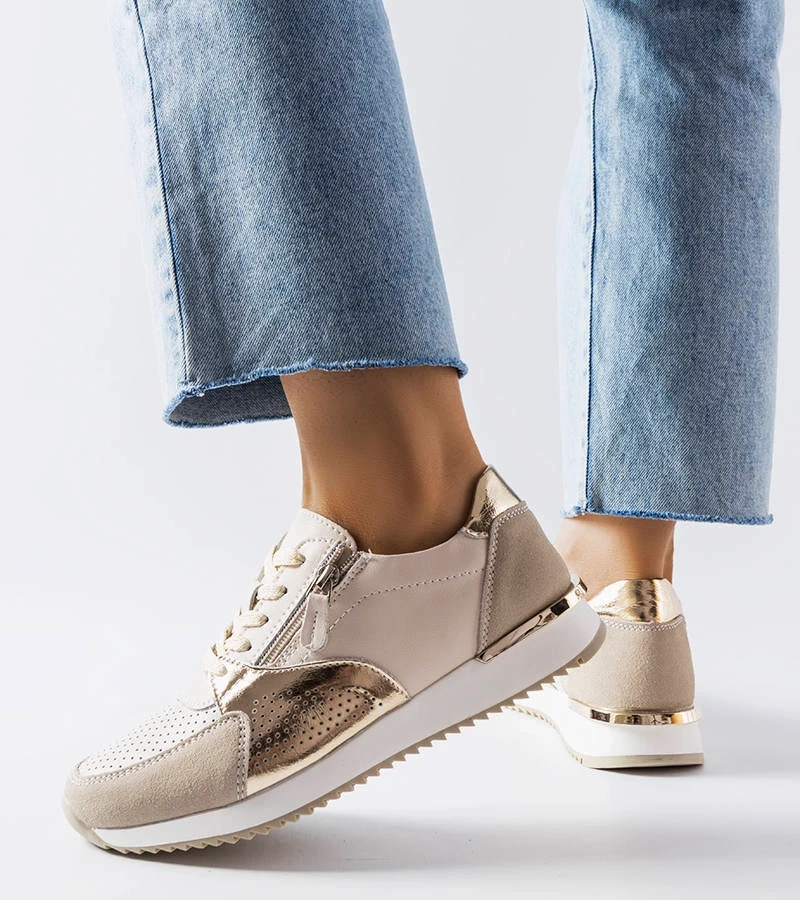 Skórzane beżowo-złote sneakersy z perforacją
