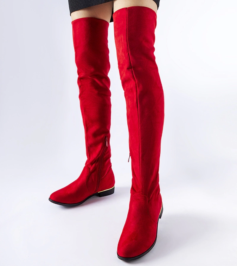 Długie czerwone ciepłe kozaki eko-zamsz