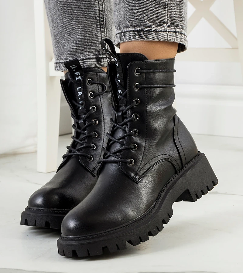 Czarne traperki damskie z eko-skóry