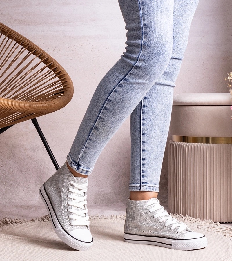 Hers Srebrne wysokie trampki z siateczki błyszczącej