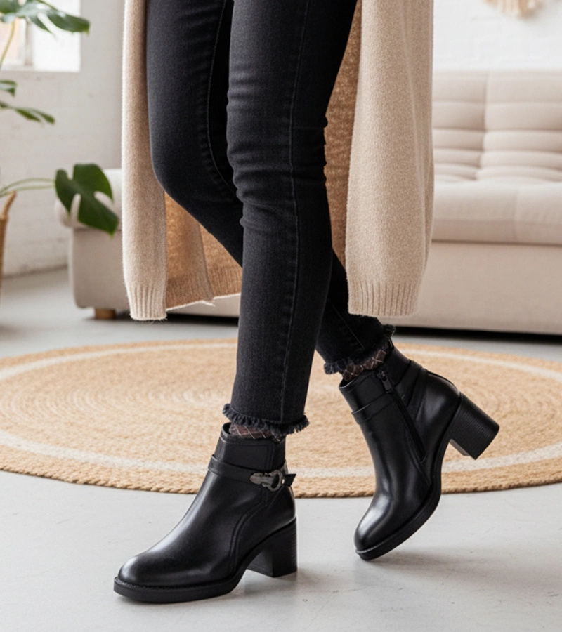 Hers Czarne botki na słupku z ozdobną klamrą