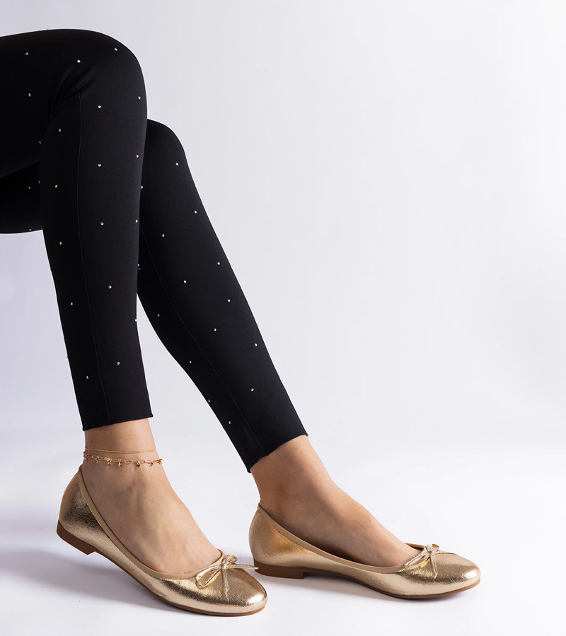 Hers Balerinki damskie złote zdobione kokardką