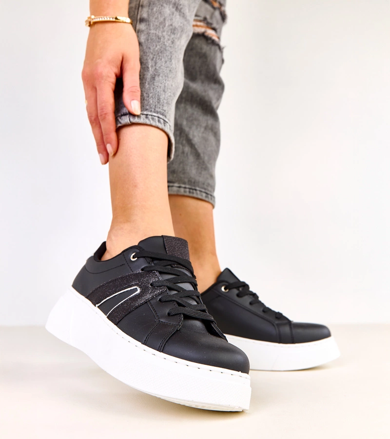 Hers Czarne sneakersy na platformie z brokatowym akcentem