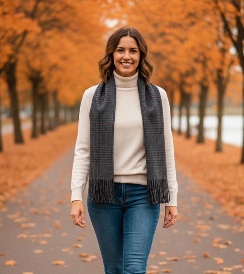 Szary szal damski w kratę Pirouet