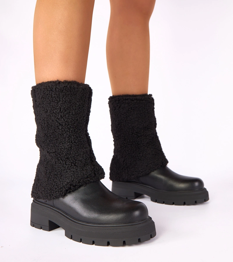 Hers Czarne botki z wywiniętą materiałową cholewką