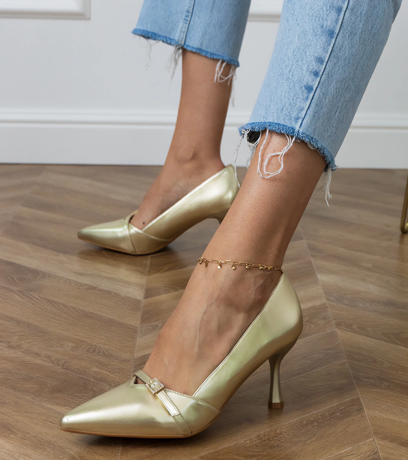 Hers Złote czółenka damskie klasyczne z cyrkoniami