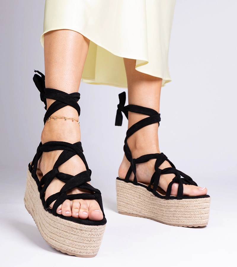 Hers Czarne sandały espadryle na wysokiej platformie