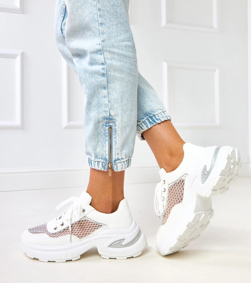 Hers Białe damskie sneakersy na platformie z cyrkoniami