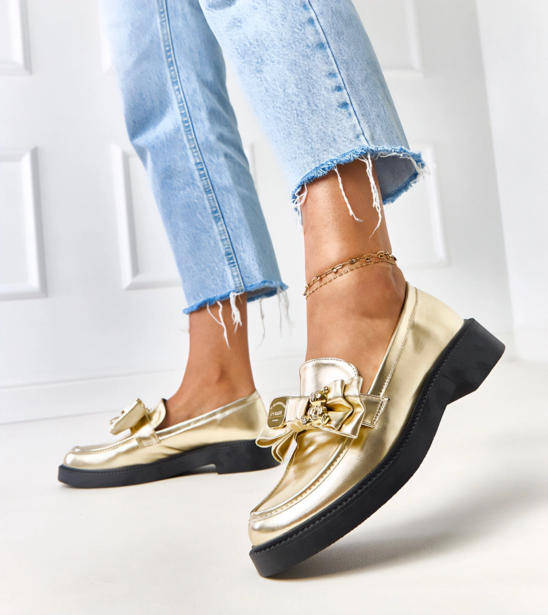 Hers Złote mokasyny z kokardką i misiem
