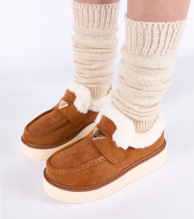 Hers Brązowe mokasyny ocieplane futerkiem