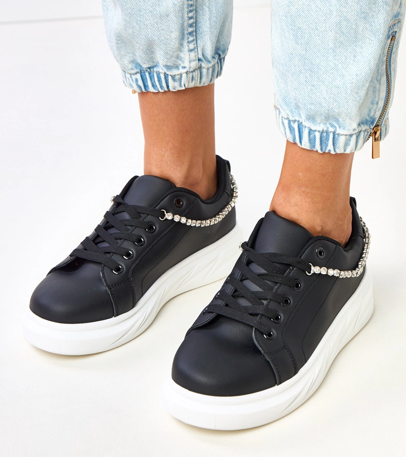 Hers Czarne damskie sneakersy na platformie z cyrkoniami
