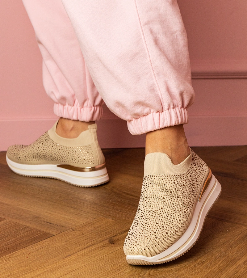 Hers Beżowe damskie tenisówki na platformie z cyrkoniami