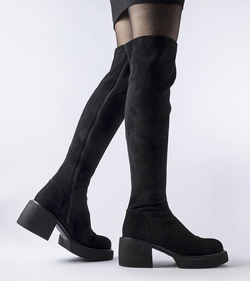 Czarne długie ciepłe kozaki eko-zamsz