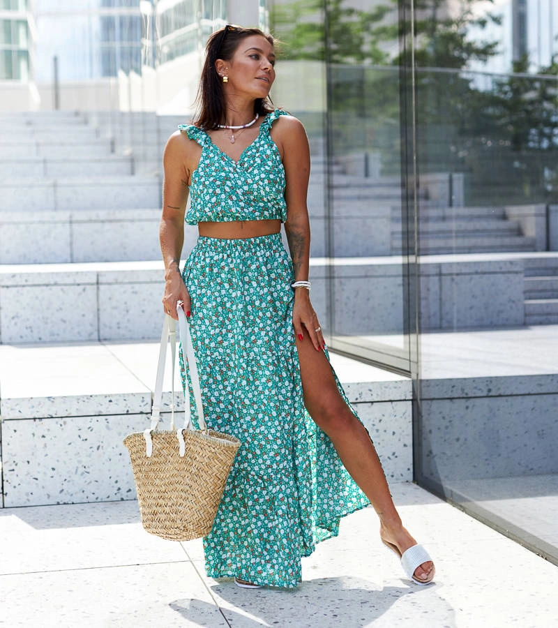 Zielony komplet spódnica+top w kwiaty