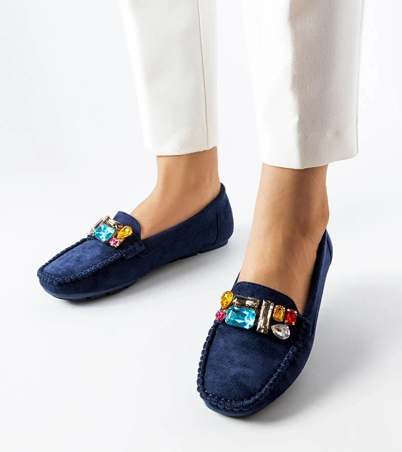 Granatowe mokasyny z kolorowymi cyrkoniami