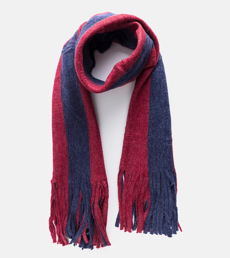 Granatowo-czerwony szal z frędzlami
