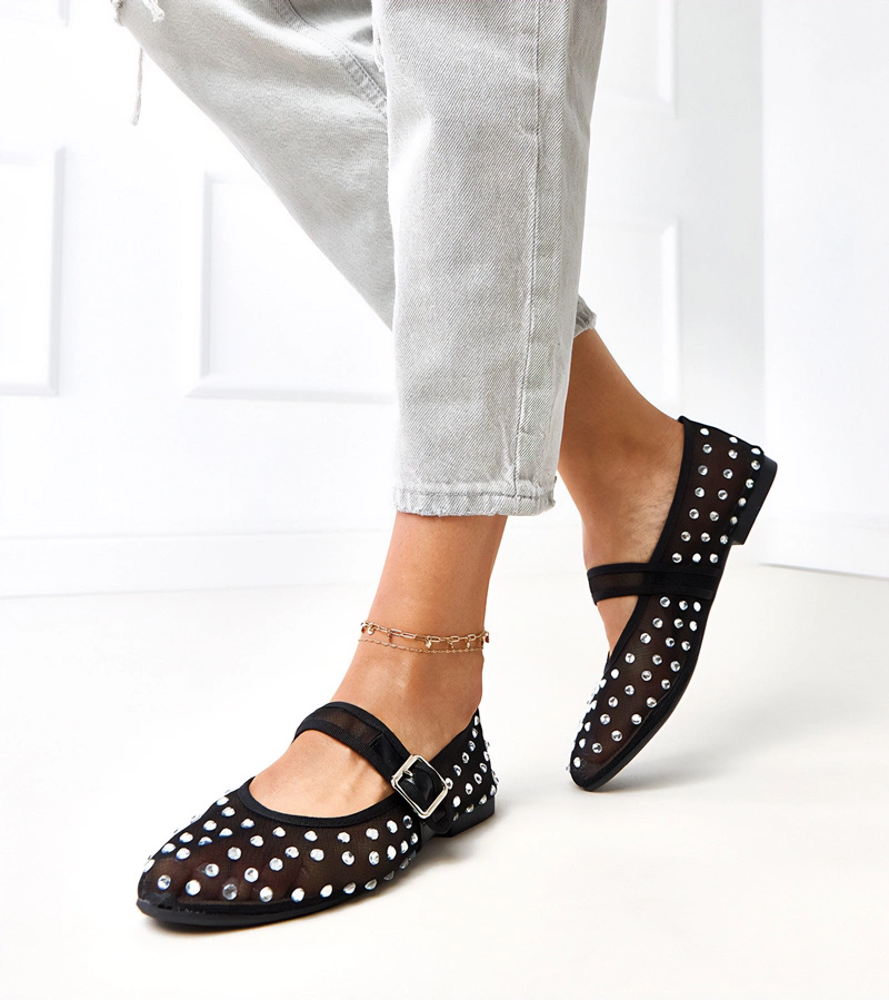 Hers Czarne balerinki siateczkowe z kryształkami