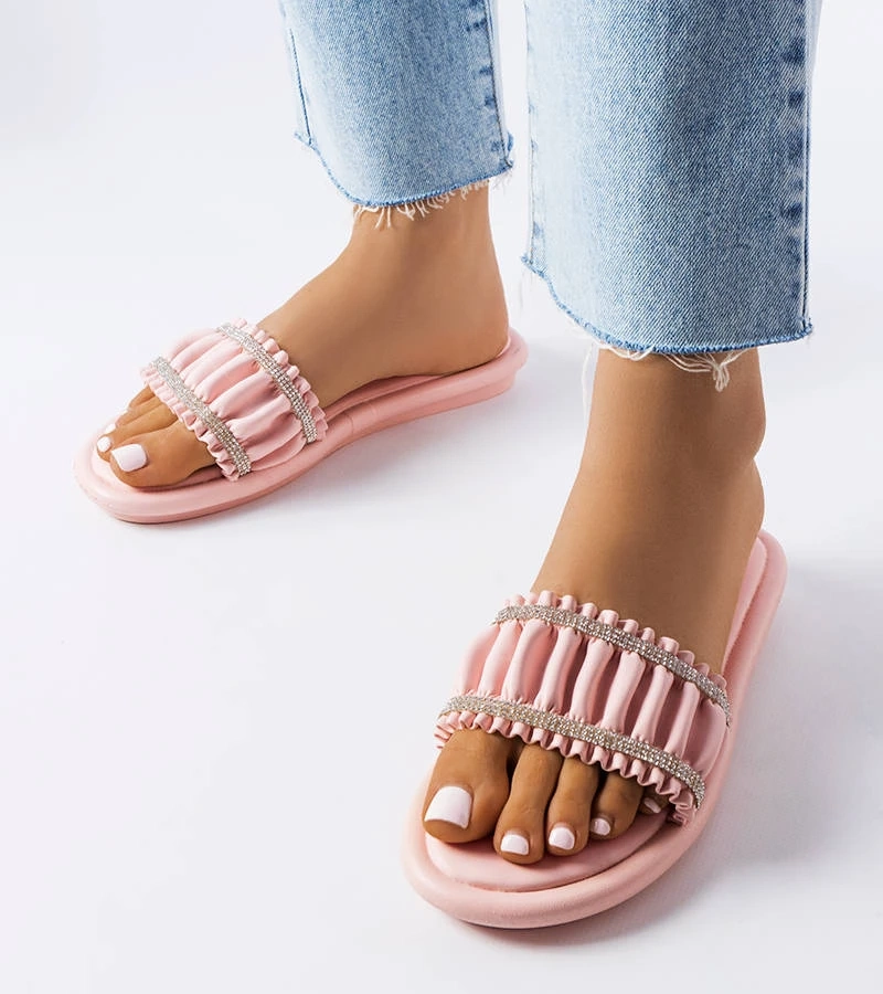 Hers Różowe klapki z cyrkoniami i marszczeniem