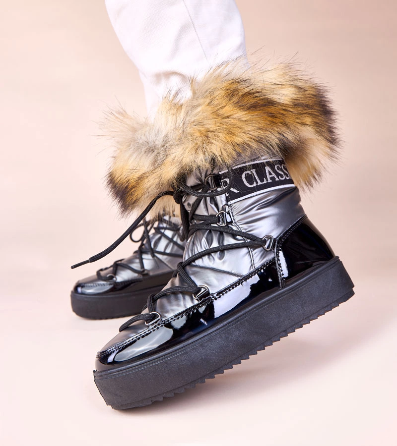 Hers Szare śniegowce wiązane z futerkiem