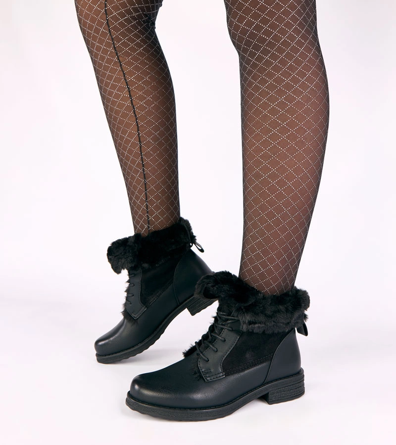 Hers Czarne botki wiązane z futerkiem