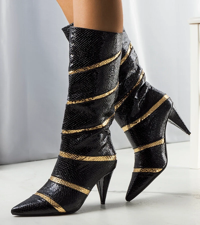 Czarno złote ocieplane kozaki na szpilce