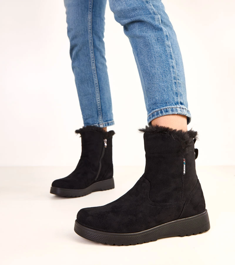 Hers Czarne botki damskie ocieplane z ekozamszu