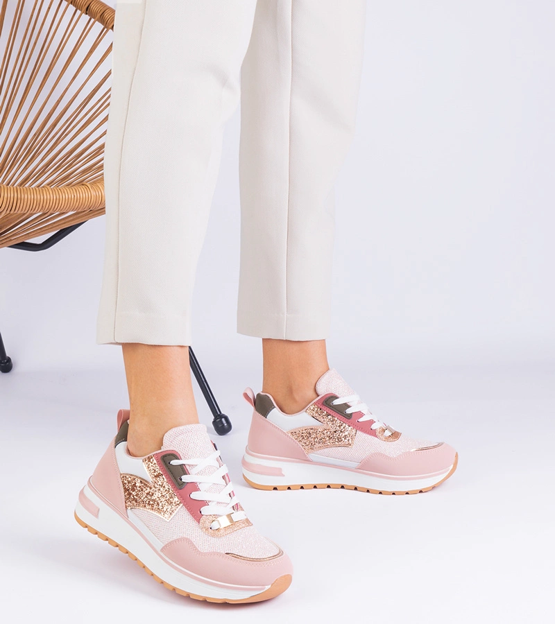 Hers sneakersy damskie różowe na platformie z brokatem